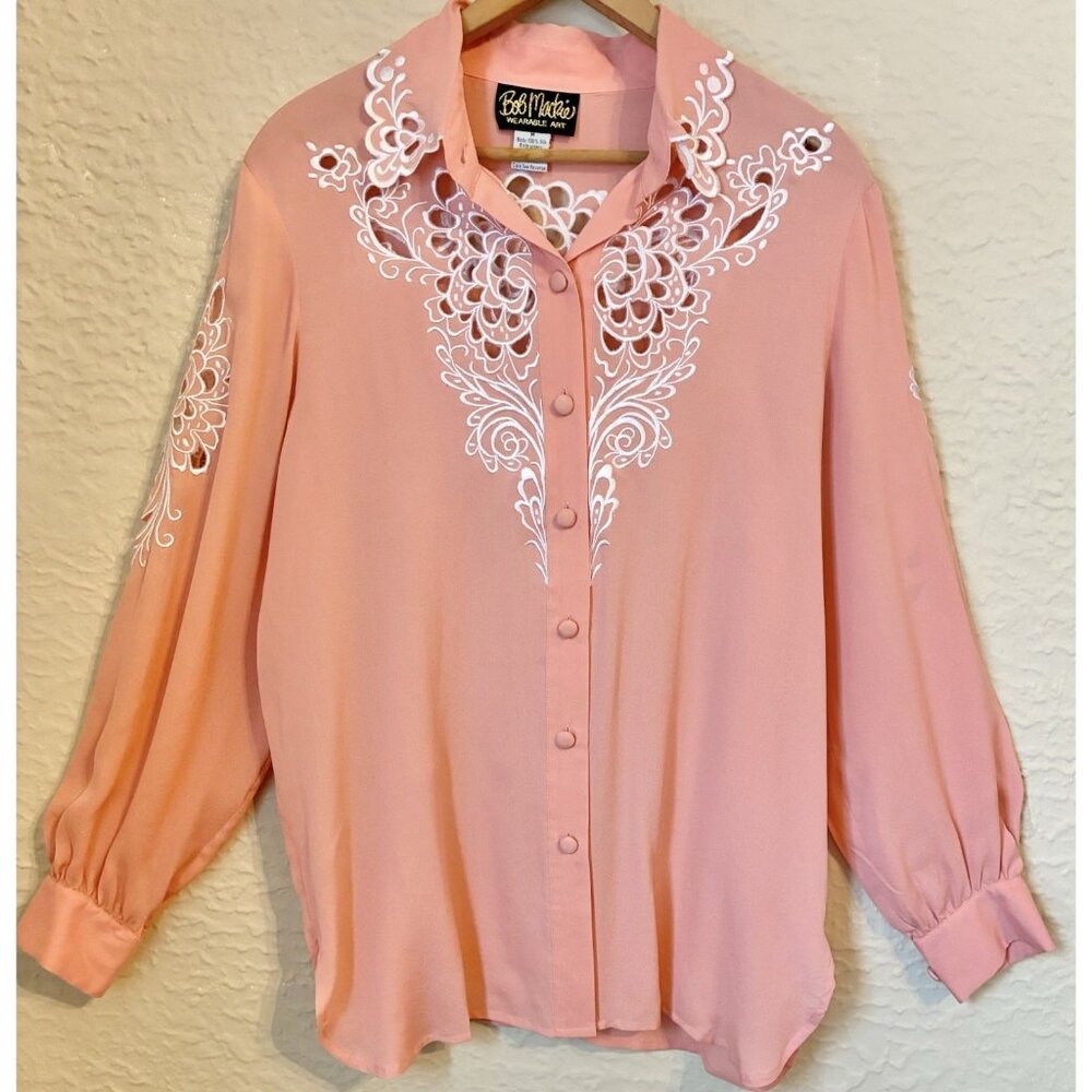 Bob Mackie Wearable Art 100% Silk Coral Pink White Embroidered Lace Blouse Sz M